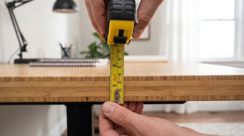 Measuring bamboo desk edge thickness with a tape measure for monitor arm compatibility