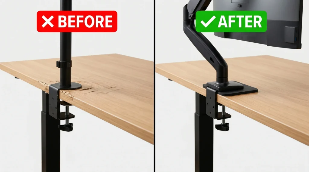 Dual monitor arm clamped to a desk with protective pad underneath