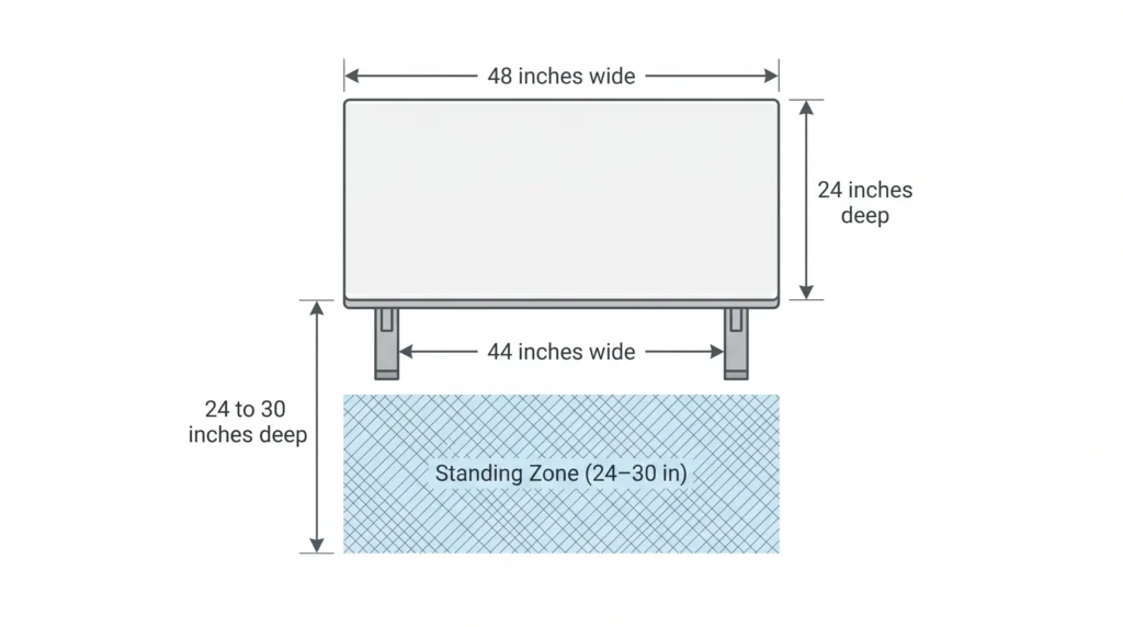 Overhead diagram of FlexiSpot E7 showing 48x24 desktop and 44 inch frame spread with standing zone labeled