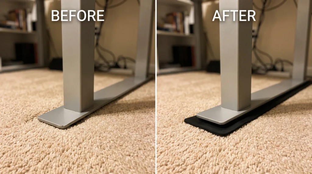 FlexiSpot E7 desk leg on carpet versus on furniture pad showing stability difference for bedroom setup