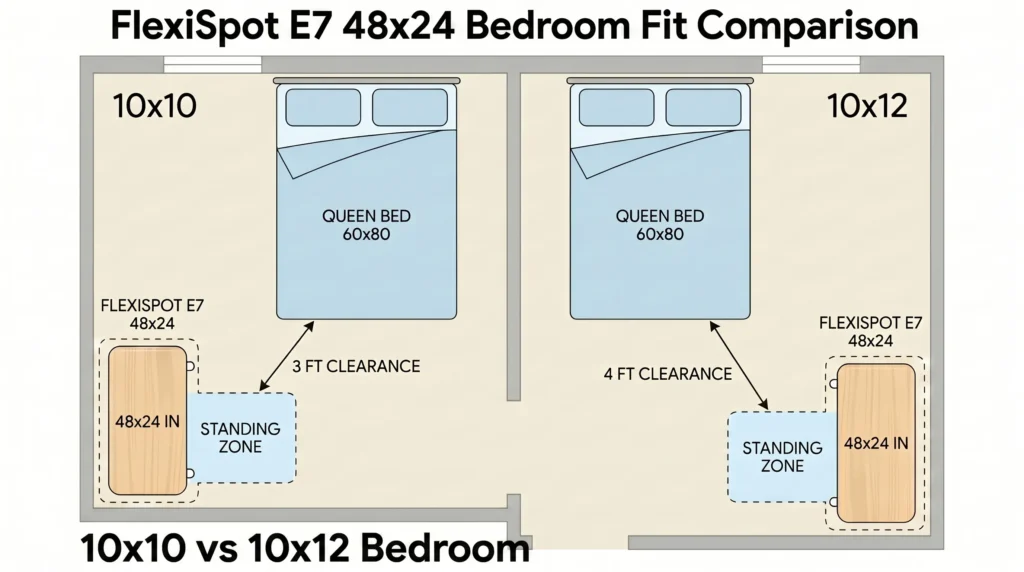 Floor plan comparison showing FlexiSpot E7 48x24 desk placement in 10x10 vs 10x12 bedroom with clearance measurements
