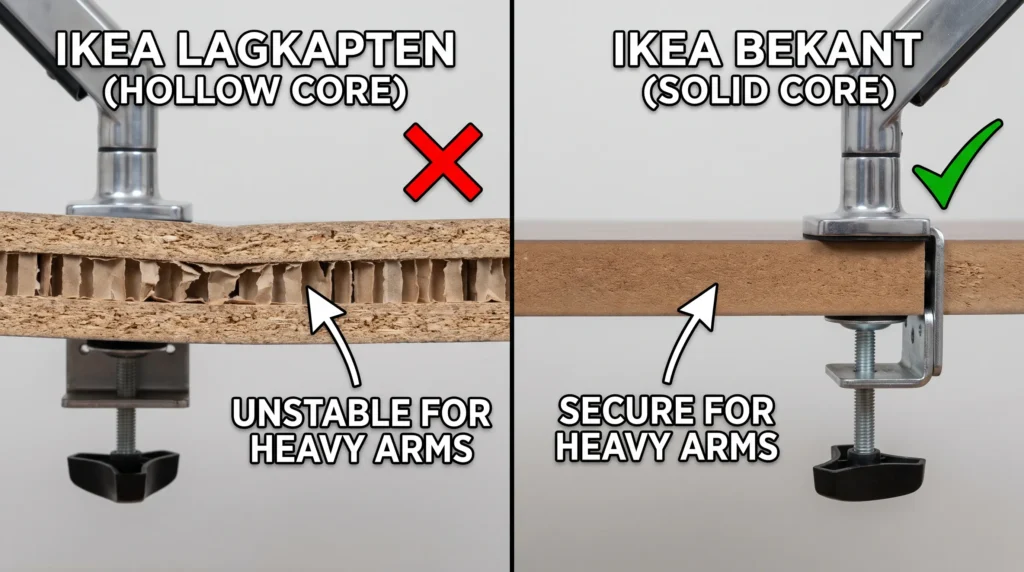Side by side comparison of IKEA LAGKAPTEN hollow core vs BEKANT solid core desktop cross-sections showing monitor arm compatibility