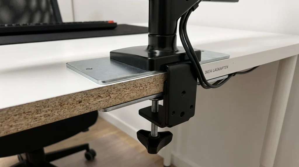 Spreader plate installed on IKEA LAGKAPTEN desk edge with monitor arm clamp showing correct positioning of top and bottom plates