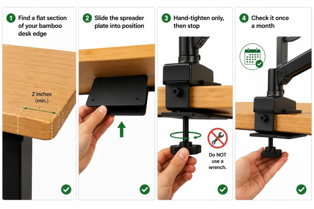 Step-by-step monitor arm clamp installation on bamboo standing desk with spreader plate