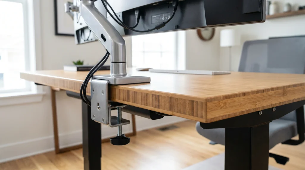 Monitor arm C-clamp installed on a bamboo standing desk
