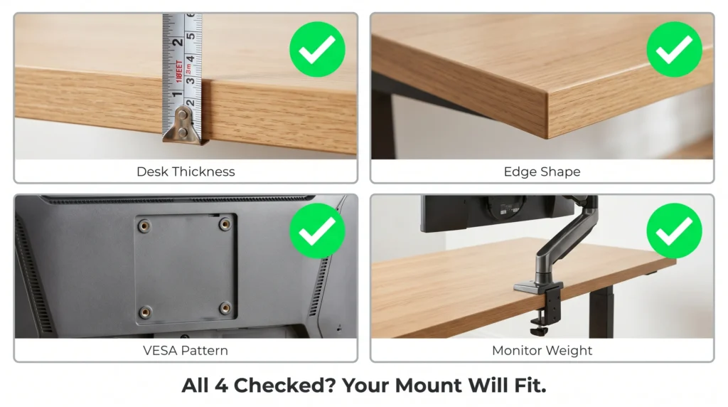 Four point checklist image showing desk thickness, edge shape, VESA pattern and monitor weight checks for monitor mount compatibility on an adjustable desk