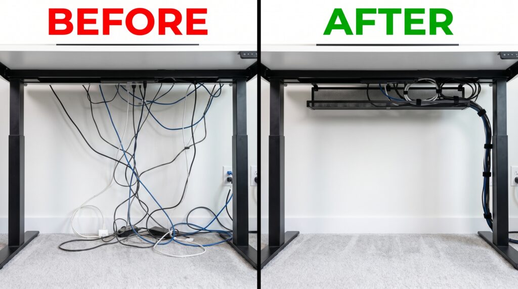 Before and after cable management using a cable tray on a standing desk