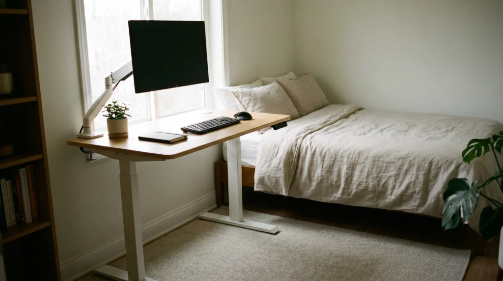 A compact standing desk set up in a small bedroom corner with a monitor arm and clean cable management