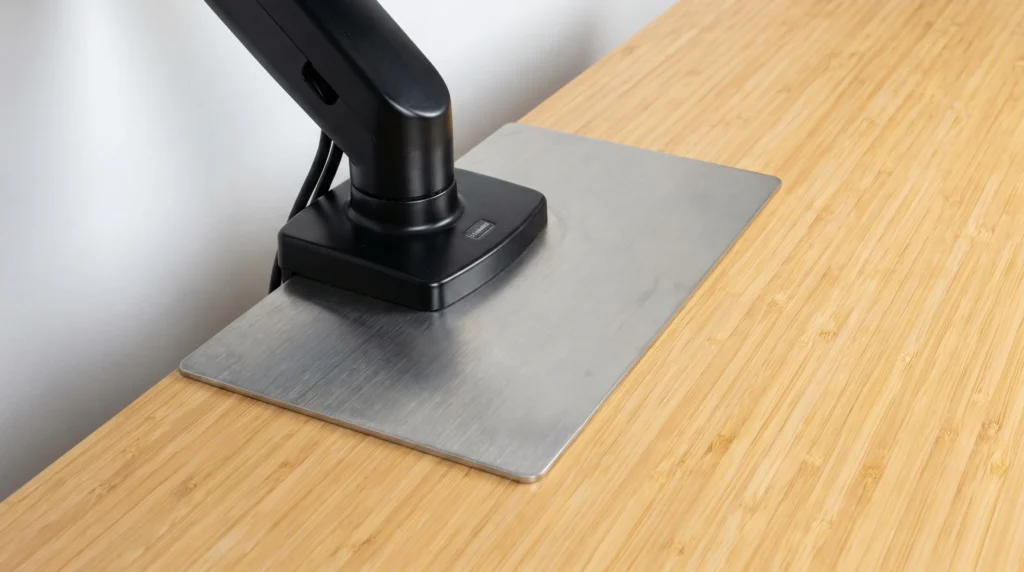 Steel reinforcement spreader plate for monitor arm clamp on bamboo standing desk