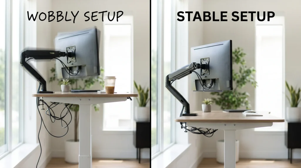 Monitor arm attached to a standing desk with dual monitors