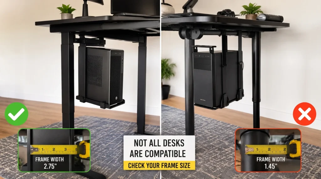 Comparison showing CPU holder clamp fitting a 2.75 inch desk frame versus failing to fit a 1.45 inch round frame
