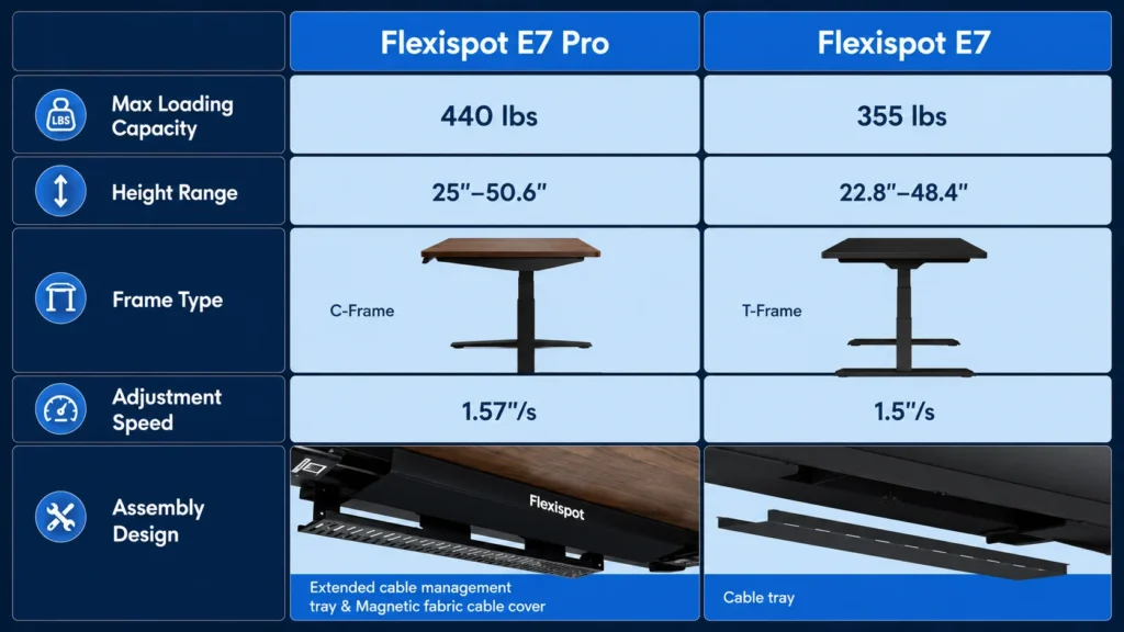 Comparison chart of FlexiSpot E7 vs E7 Pro specifications.