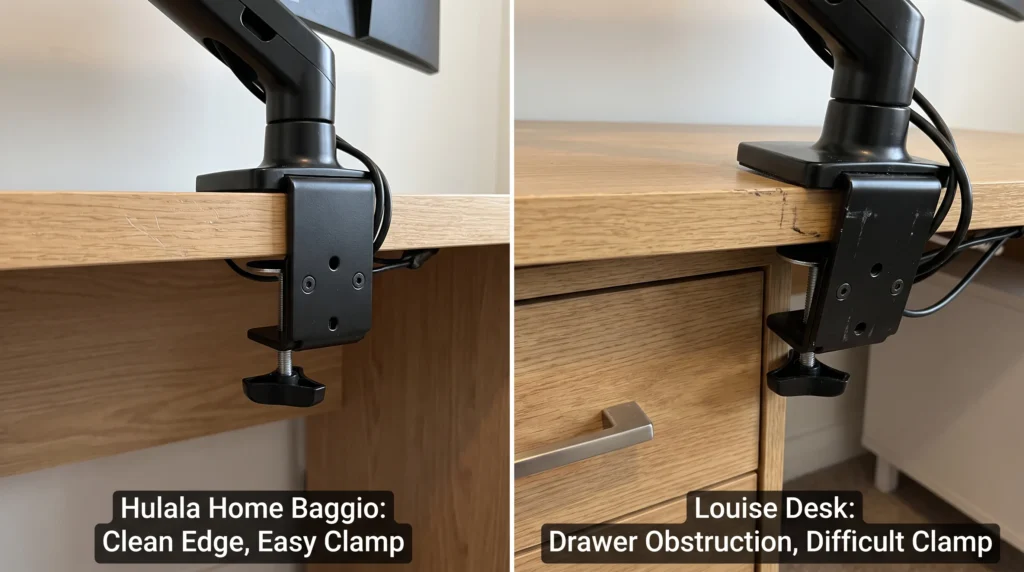 Same clamp, two different Hulala models, completely different results. Left: Baggio with a clear front corner. Right: Louise with the right-side drawer blocking the clamp jaw.