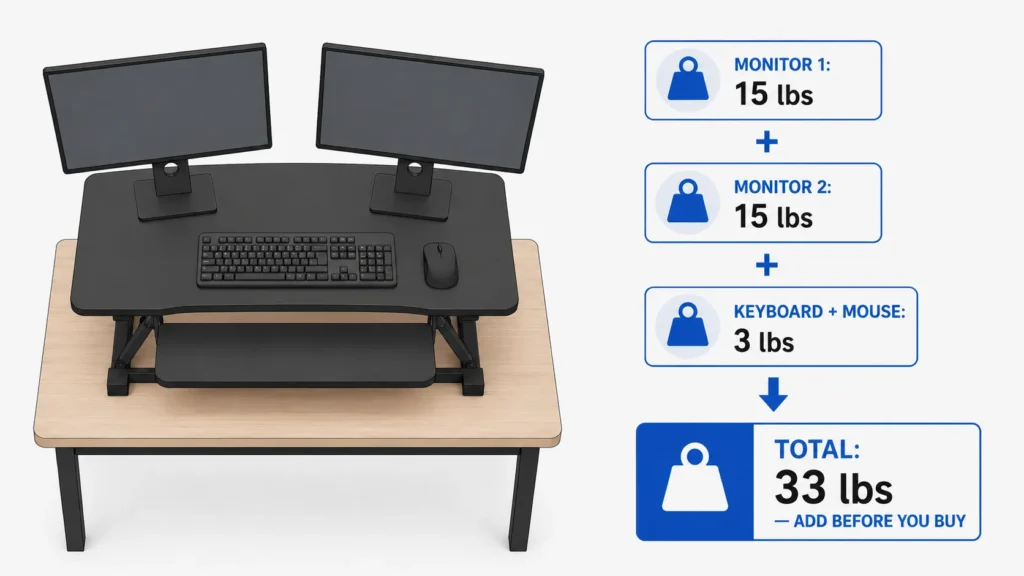 A person adding up the weight of two monitors, a keyboard, and a mouse before buying a standing desk converter