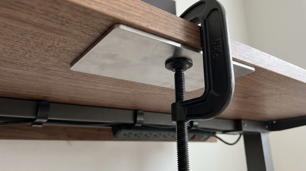 Steel spreader plate positioned against underside of wood veneer standing desk with C-clamp screw pressing against plate instead of directly on wood surface