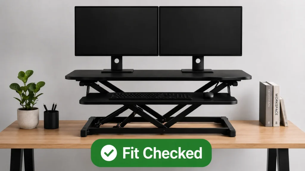 Standing desk converter with two monitors mounted side by side on a wooden desk, labeled Fit Checked