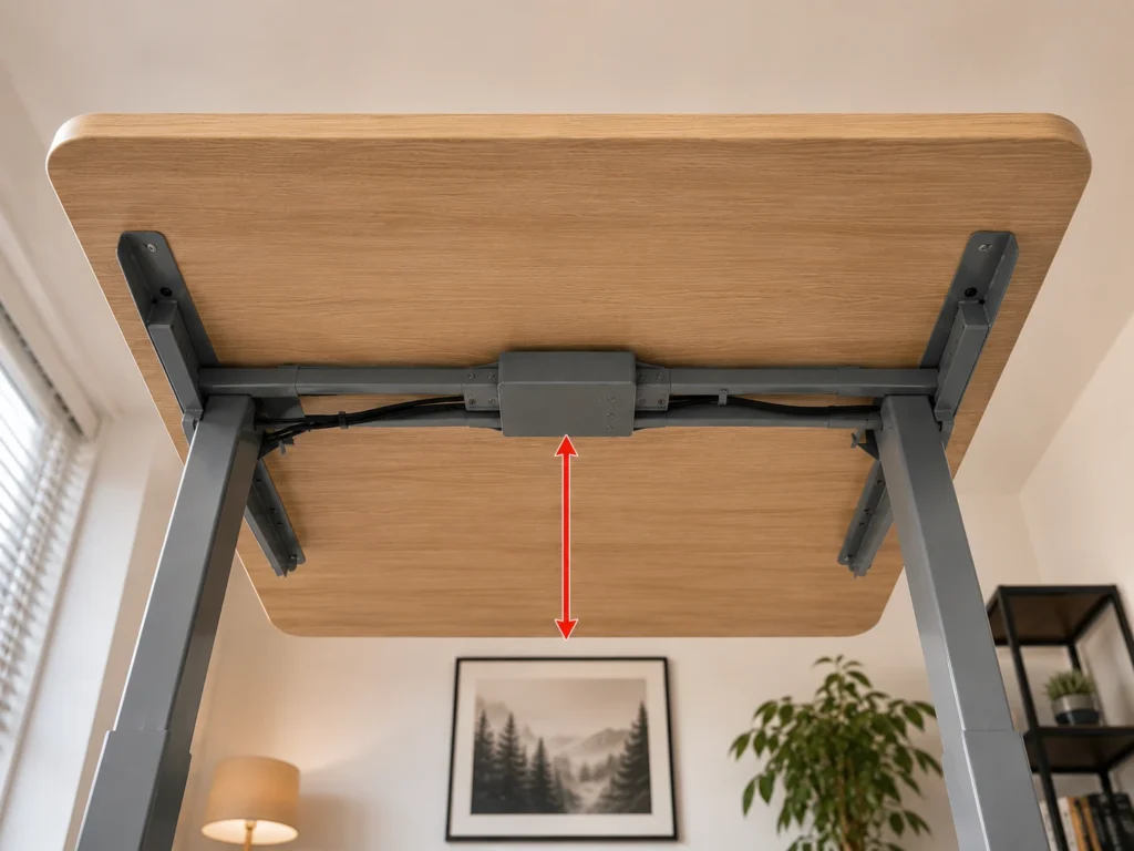 Showing the clearance distance from desktop front edge to crossbar on a standing desk