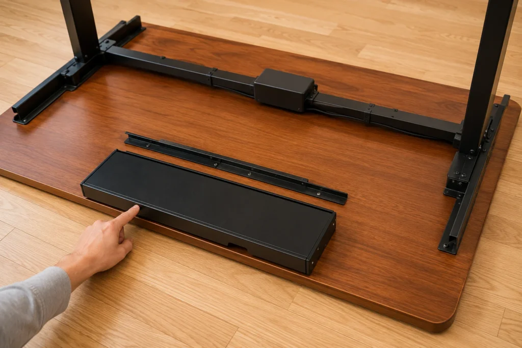 Under-desk drawer being slid into position on a standing desk frame with correct clearance