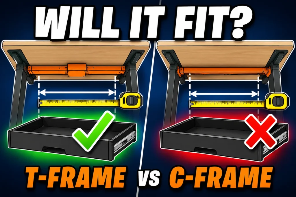 Standing desk drawer fit guide showing T-frame versus C-frame crossbar comparison with clearance measurement
