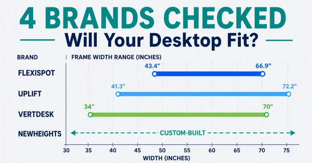 We checked the desktop compatibility ranges for 4 popular standing desk frame brands; see the full breakdown below.