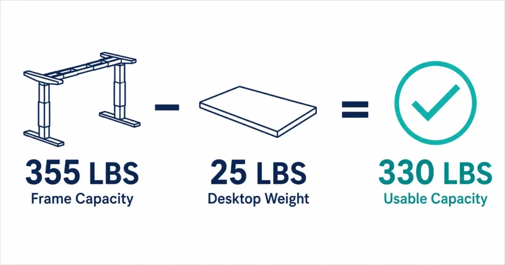 Example calculation showing 355-pound frame capacity minus 25-pound desktop weight equals 330-pound usable capacity