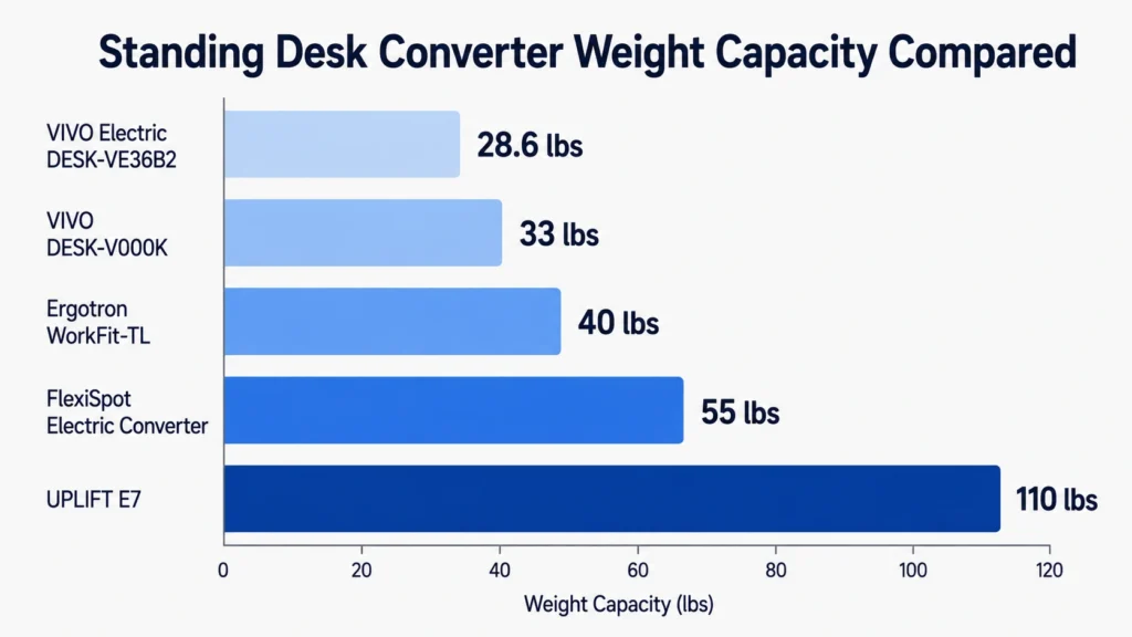 Bar chart comparing desktop weight capacity of FlexiSpot, VIVO, Ergotron, and UPLIFT E7 standing desk converters