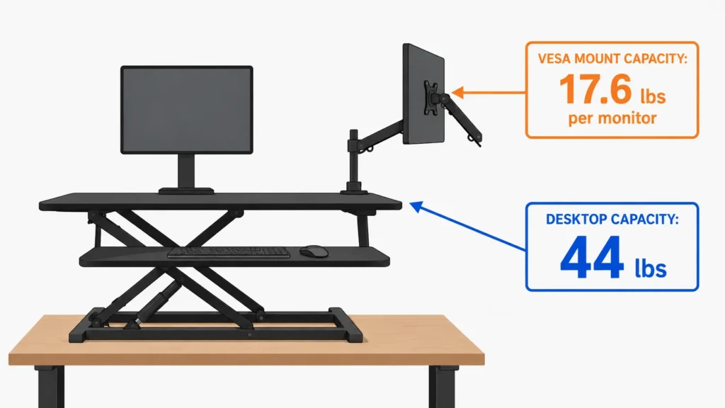 Diagram comparing a standing desk converter's desktop weight capacity versus its separate VESA monitor mount weight capacity