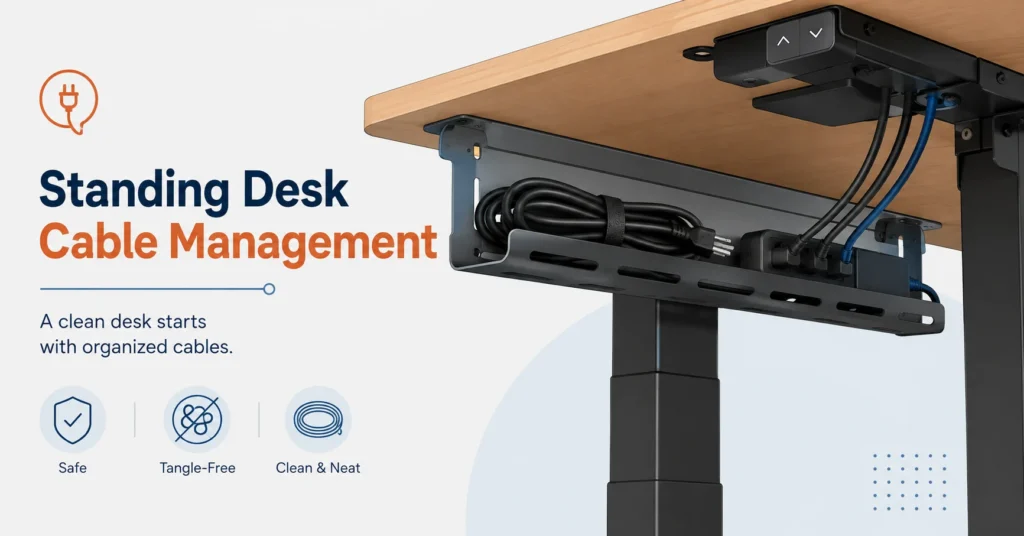 Neatly organized cables in a steel cable tray mounted under a standing desk