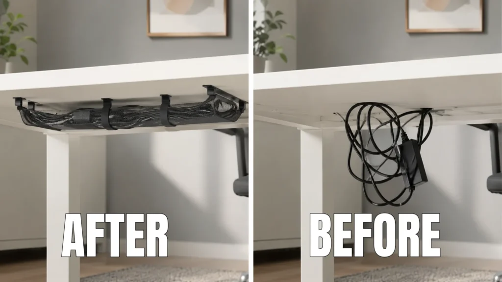 Comparison of built-in cable management across ALEX, MITTZON, BEKANT, LAGKAPTEN, and MICKE IKEA desks