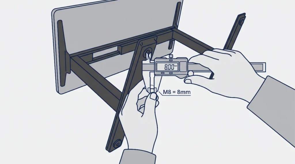 Person using calipers to measure the mounting hole diameter on a standing desk foot
