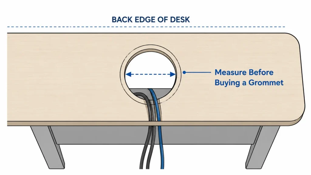 Diagram showing how to measure a desk's cable outlet diameter before buying a grommet