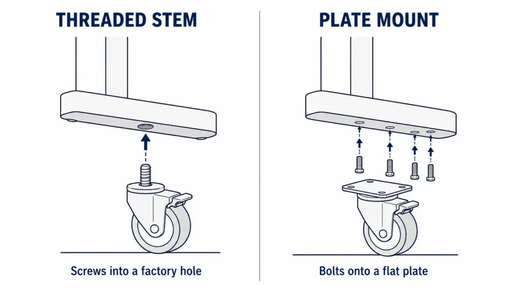 Diagram comparing a threaded stem caster and a plate mount caster for a standing desk foot