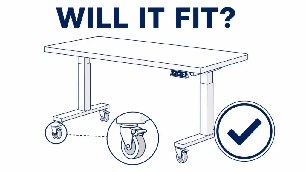 Illustration of a standing desk with caster wheels attached to each leg, with a verified checkmark badge