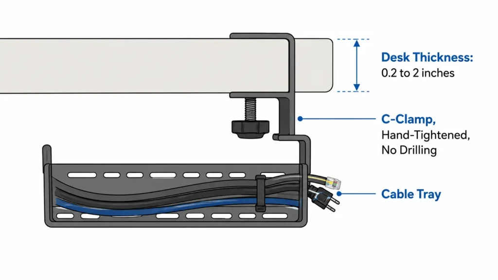 Diagram showing how a no-drill clamp-on cable tray attaches to a desk edge without drilling into the desktop