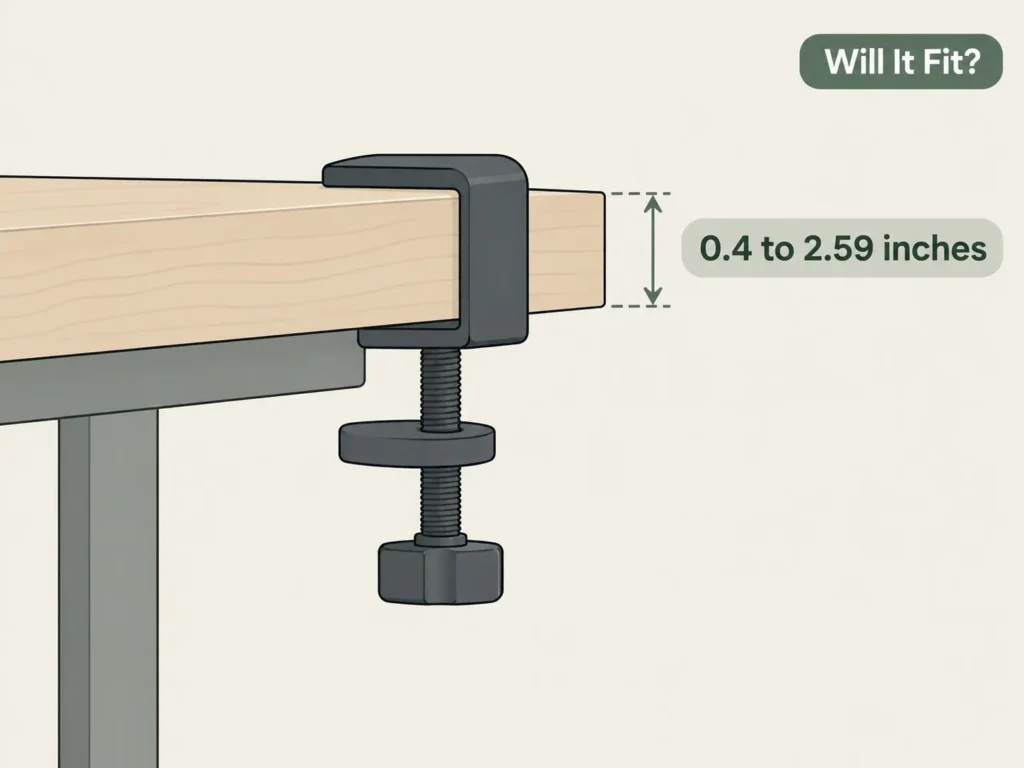 Diagram showing how to measure desk edge thickness for the Ergotron HX clamp