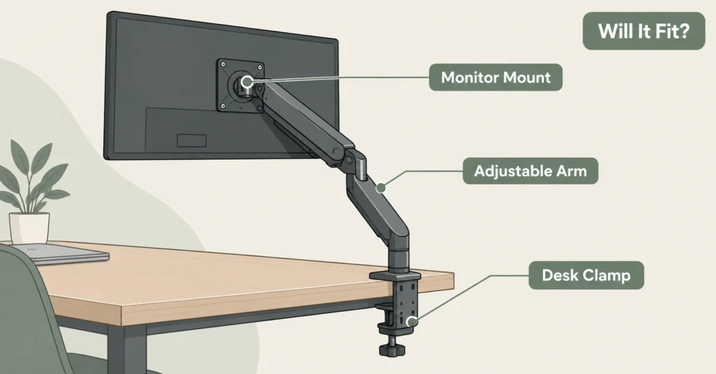 Illustrated diagram of an Ergotron HX monitor arm mounted on a desk edge holding a large monitor
