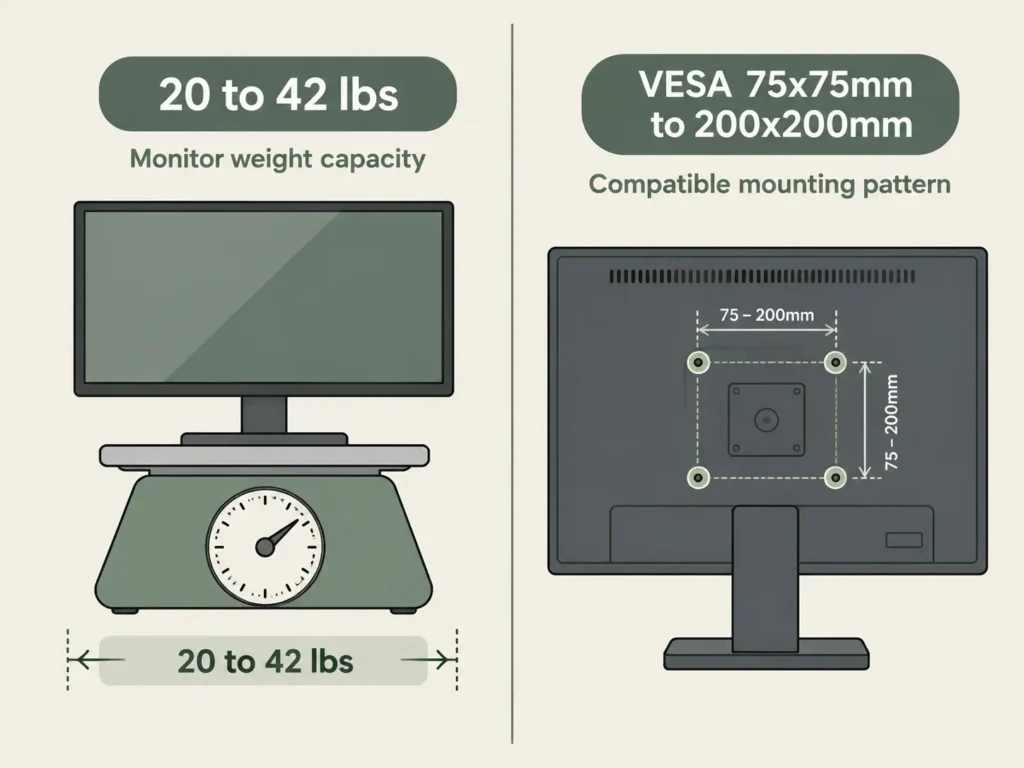 Diagram showing Ergotron HX monitor arm weight range and VESA mounting pattern check