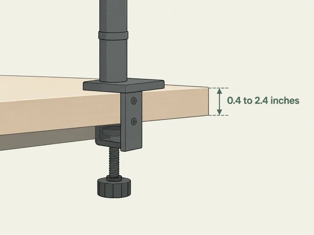 Diagram showing how to measure desk edge thickness for the Ergotron LX clamp