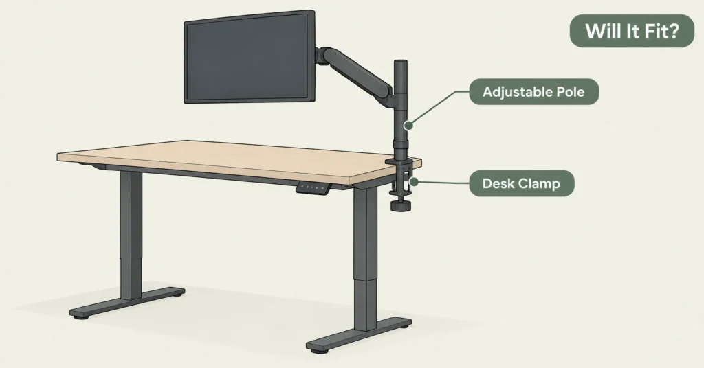 Illustrated diagram of an Ergotron LX monitor arm mounted on a standing desk holding a single monitor
