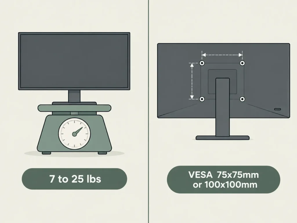 Diagram showing Ergotron LX monitor arm weight range and VESA mounting pattern check