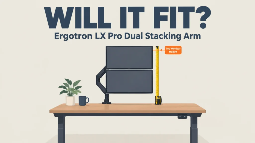 Guide preview showing an Ergotron LX Pro Dual Stacking Arm compared against the older Tall Pole version for monitor stacking fit