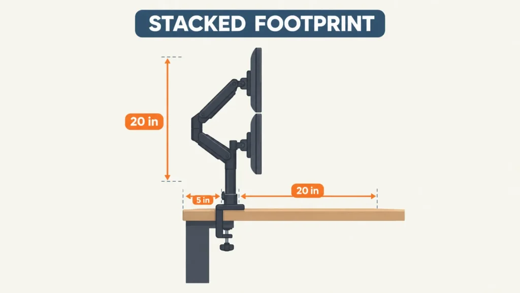 Side view diagram of the Ergotron LX Pro Dual Stacking Arm showing its stacked footprint dimensions of 20 inches tall, 20 inches wide, and 5 inches deep