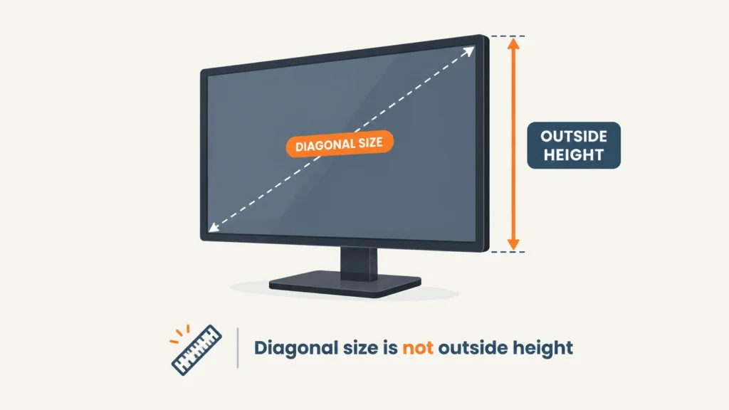 Diagram comparing a monitor's diagonal screen size measurement to its outside height measurement for stacking compatibility