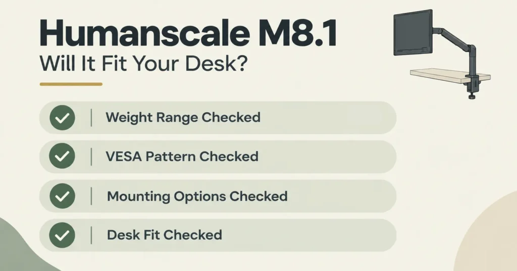 Illustrated diagram of a Humanscale M8.1 monitor arm mounted on a desk edge holding a single monitor