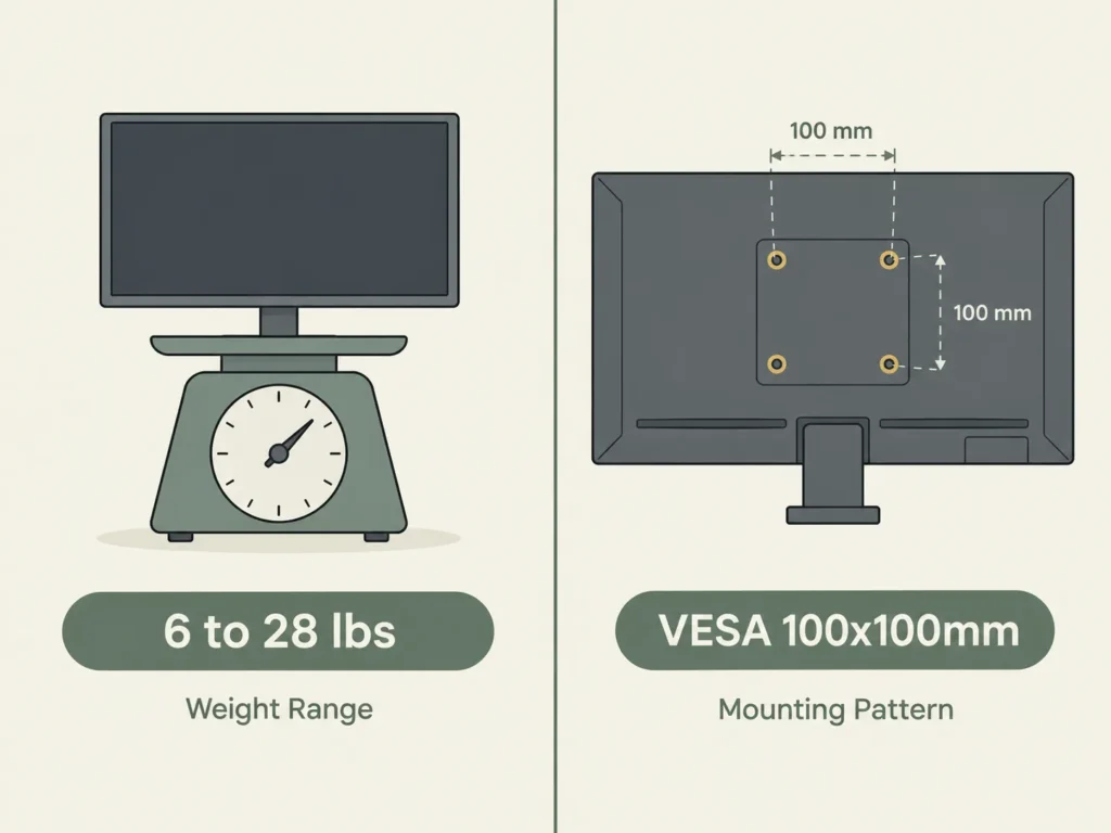 Diagram showing Humanscale M8.1 monitor arm weight range and VESA mounting pattern check