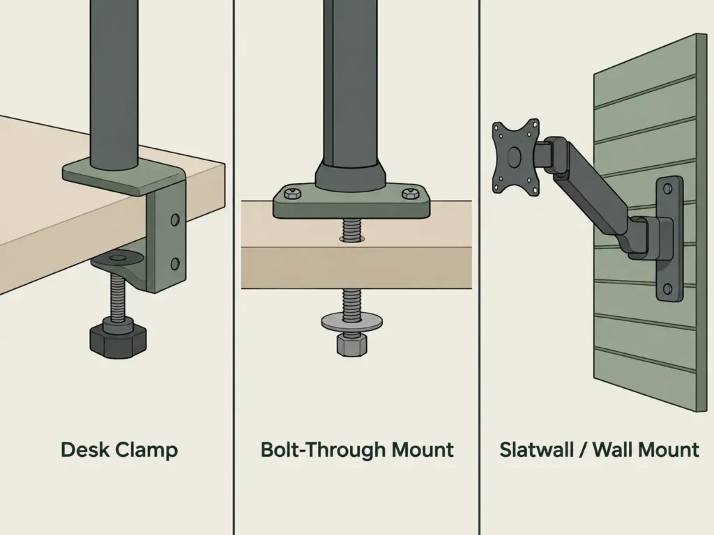 Diagram comparing Humanscale M8.1 clamp, bolt-through, and wall mount options