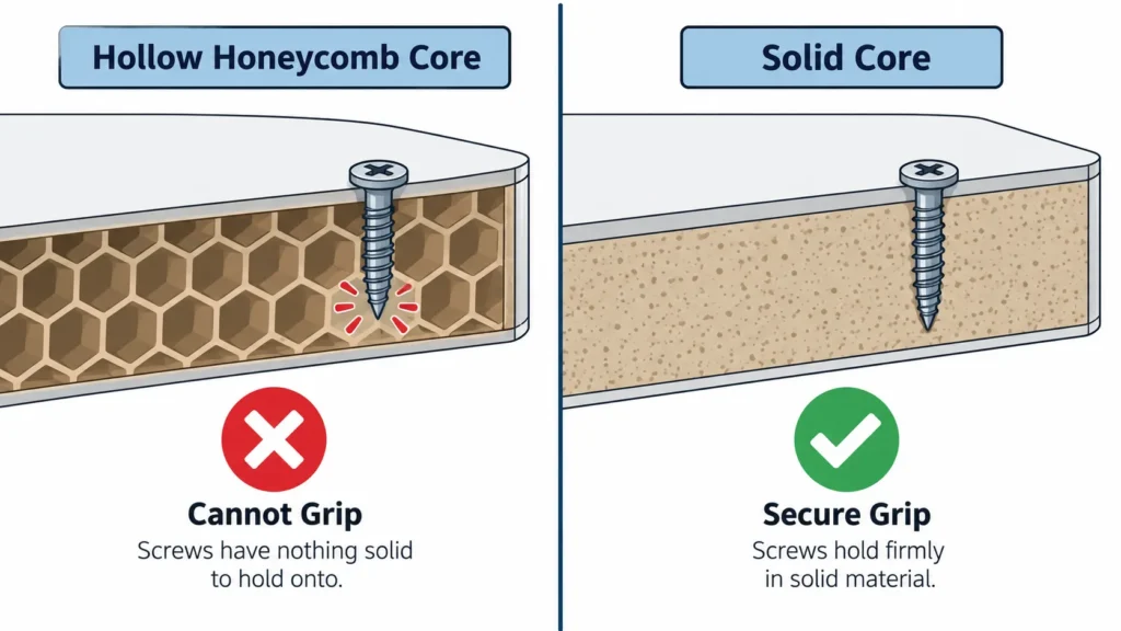 Comparison of hollow honeycomb core versus solid core IKEA desktops for keyboard tray mounting