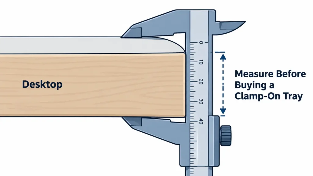 Diagram showing how to measure an IKEA desk's thickness before buying a clamp-on keyboard tray