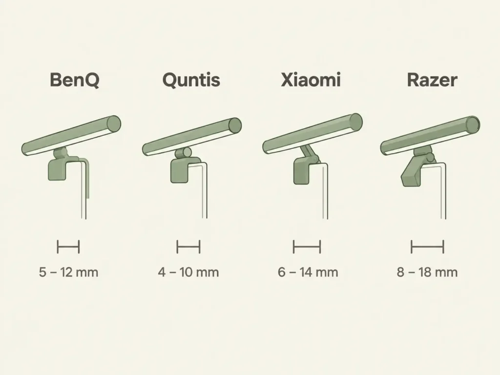 Comparison chart of monitor light bar clamp thickness and curvature compatibility across BenQ, Quntis, Xiaomi, and Razer