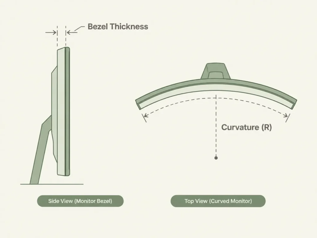 Diagram showing how monitor bezel thickness and monitor curvature both affect whether a monitor light bar clamp will fit